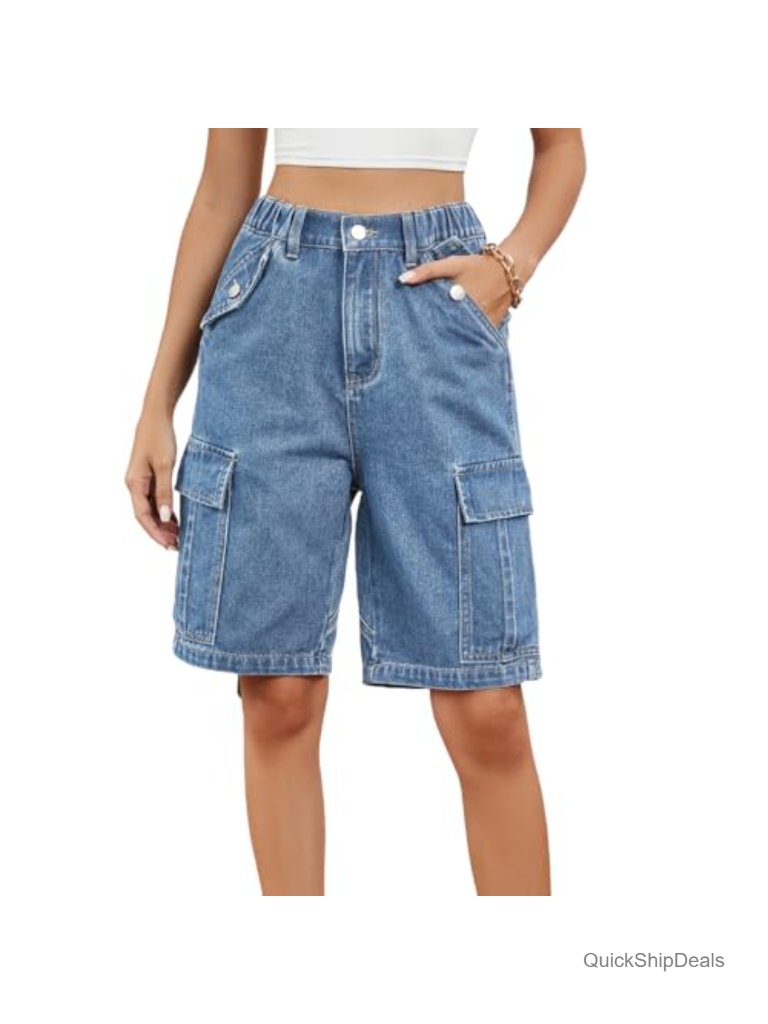 High Waisted Denim Cargo Shorts Bermuda Baggy Y2k Casual Summer